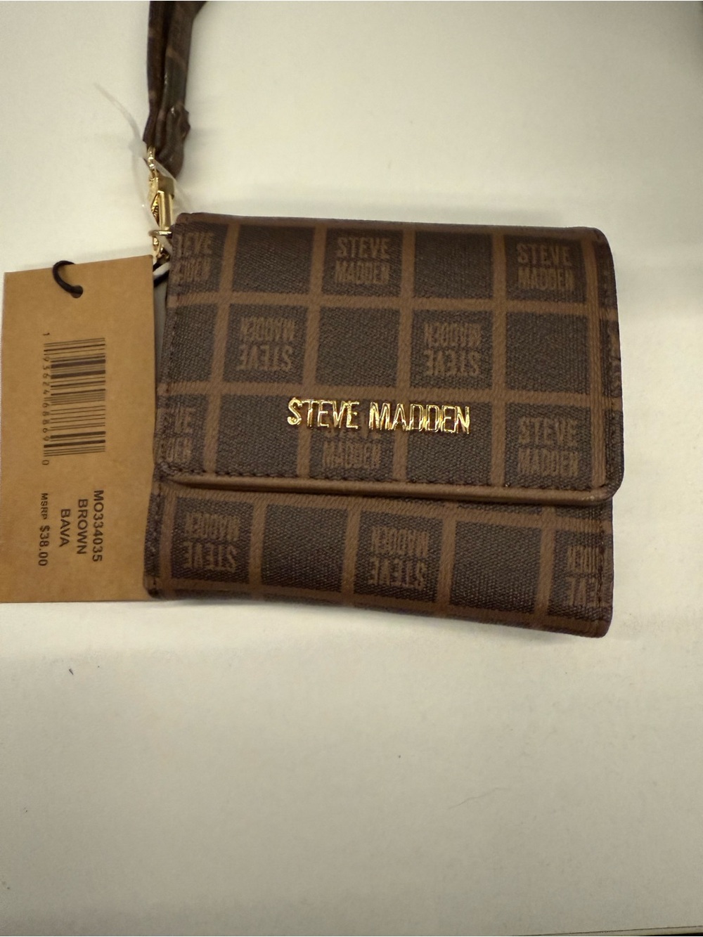 Steve Madden Brown Logo-Print Card Holder Wristlet